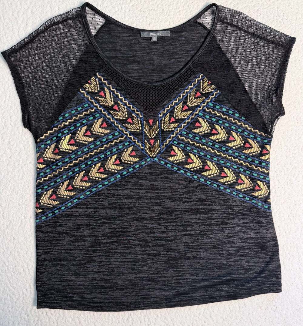 Miss Me Black Heathered Embroidered Beaded Mesh Shoulder Top
